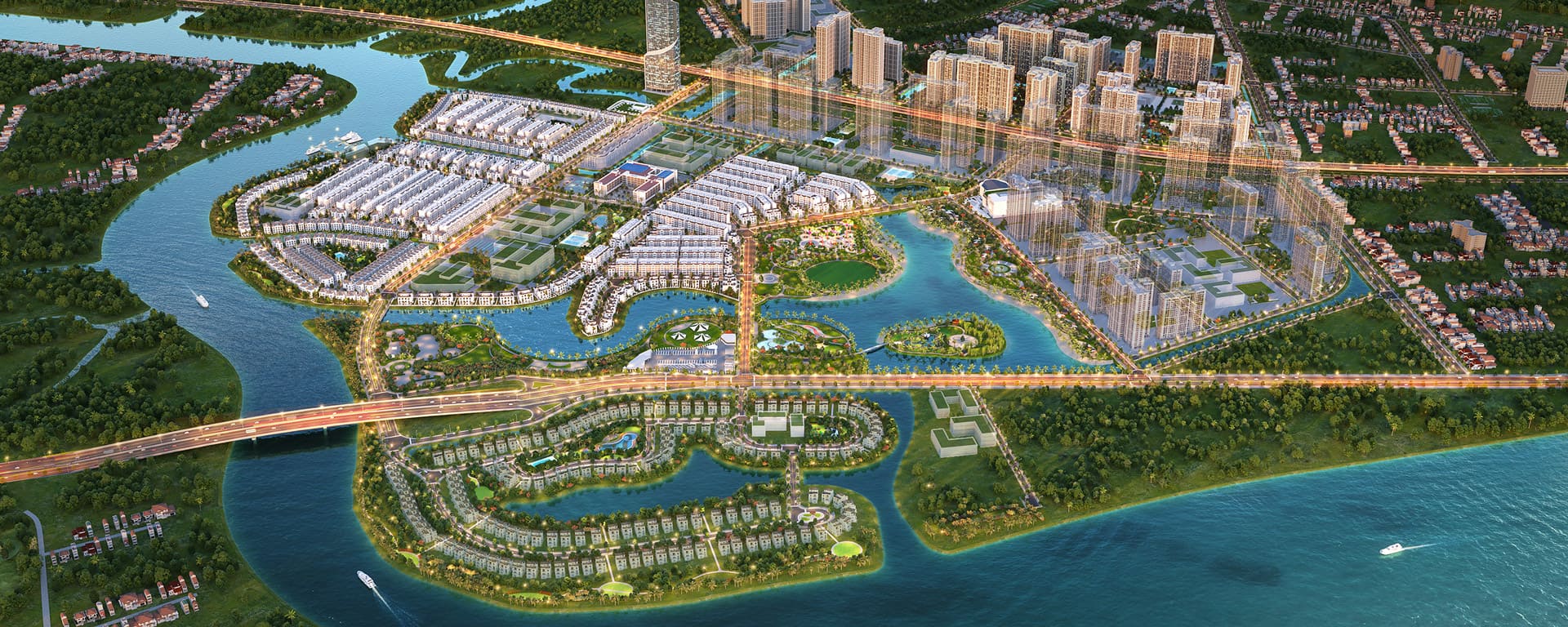 Phối cảnh tổng thể dự án The Manhattan nhìn từ trên cao bao quanh bởi sông nước