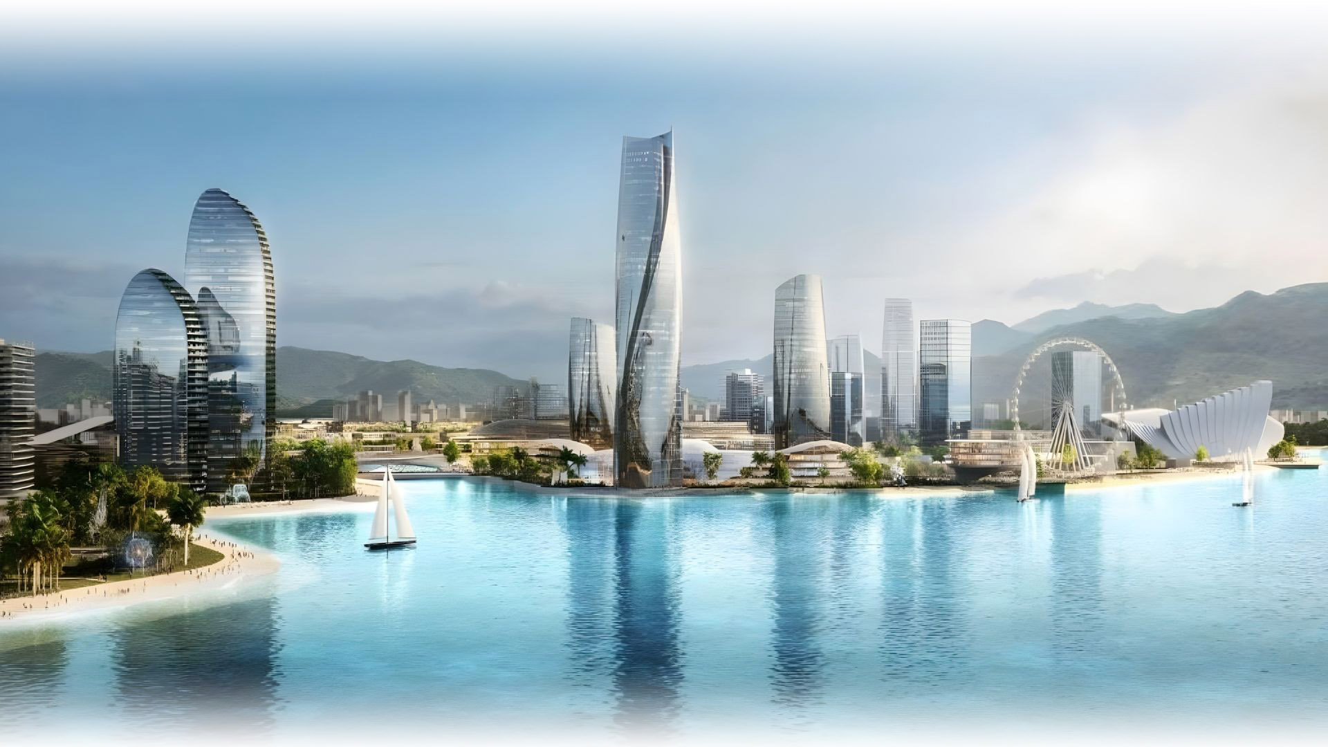 Phối cảnh Vinhomes Cam Lâm với các tòa tháp biểu tượng bên bờ biển xanh mát