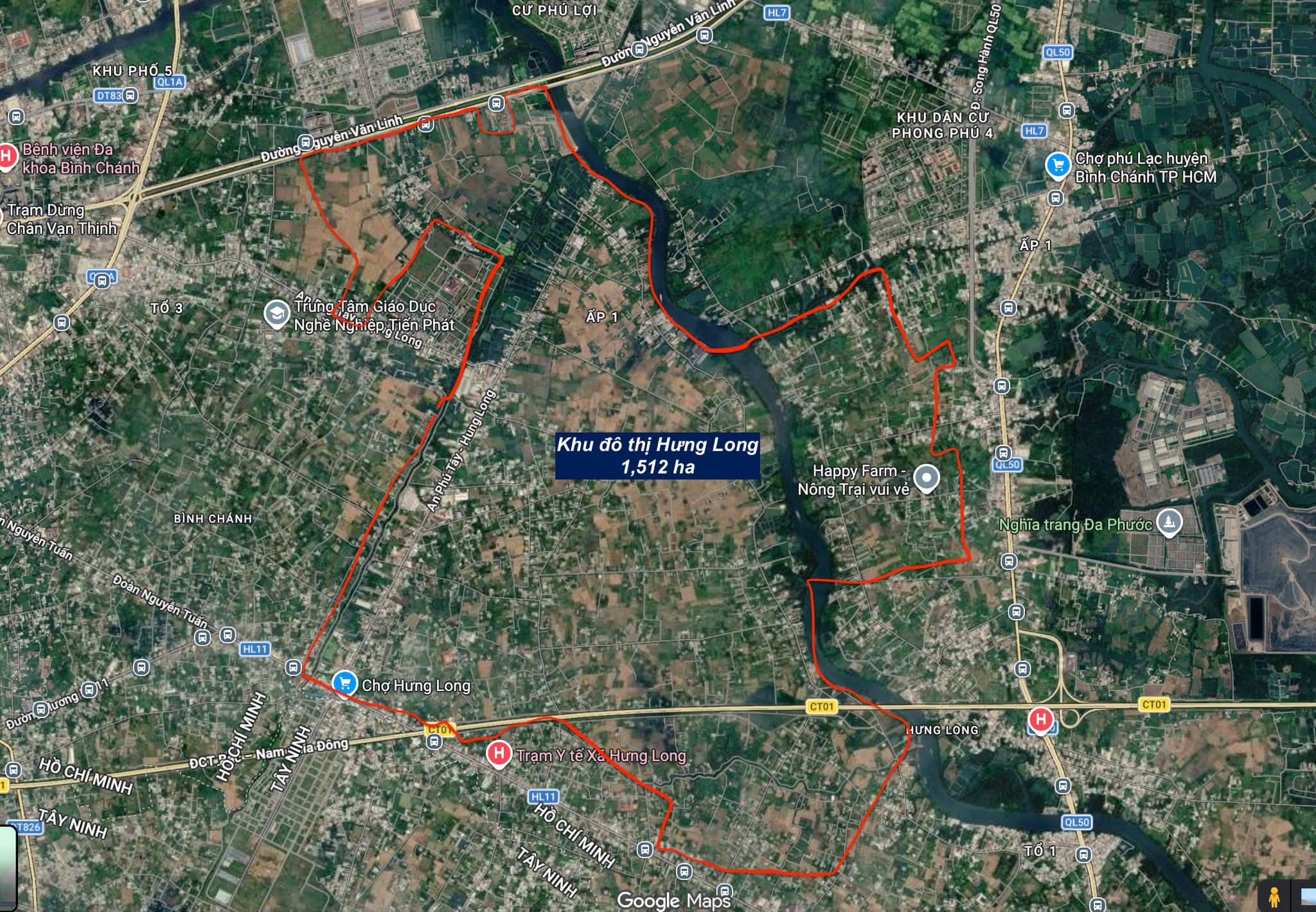 Ranh giới Khu đô thị Hưng Long 1.512,7 ha trên bản đồ vệ tinh