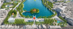 Phối cảnh tổng thể quảng trường phía Bắc hồ Hoàn Kiếm với biểu tượng Khải Hoàn Môn và công viên ven hồ