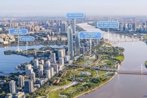 Phối cảnh Tháp Kỷ nguyên, Nhà hát Ngọc Trai, Nhà khách và Bảo tàng ký ức sông Hồng bên bờ sông Hồng