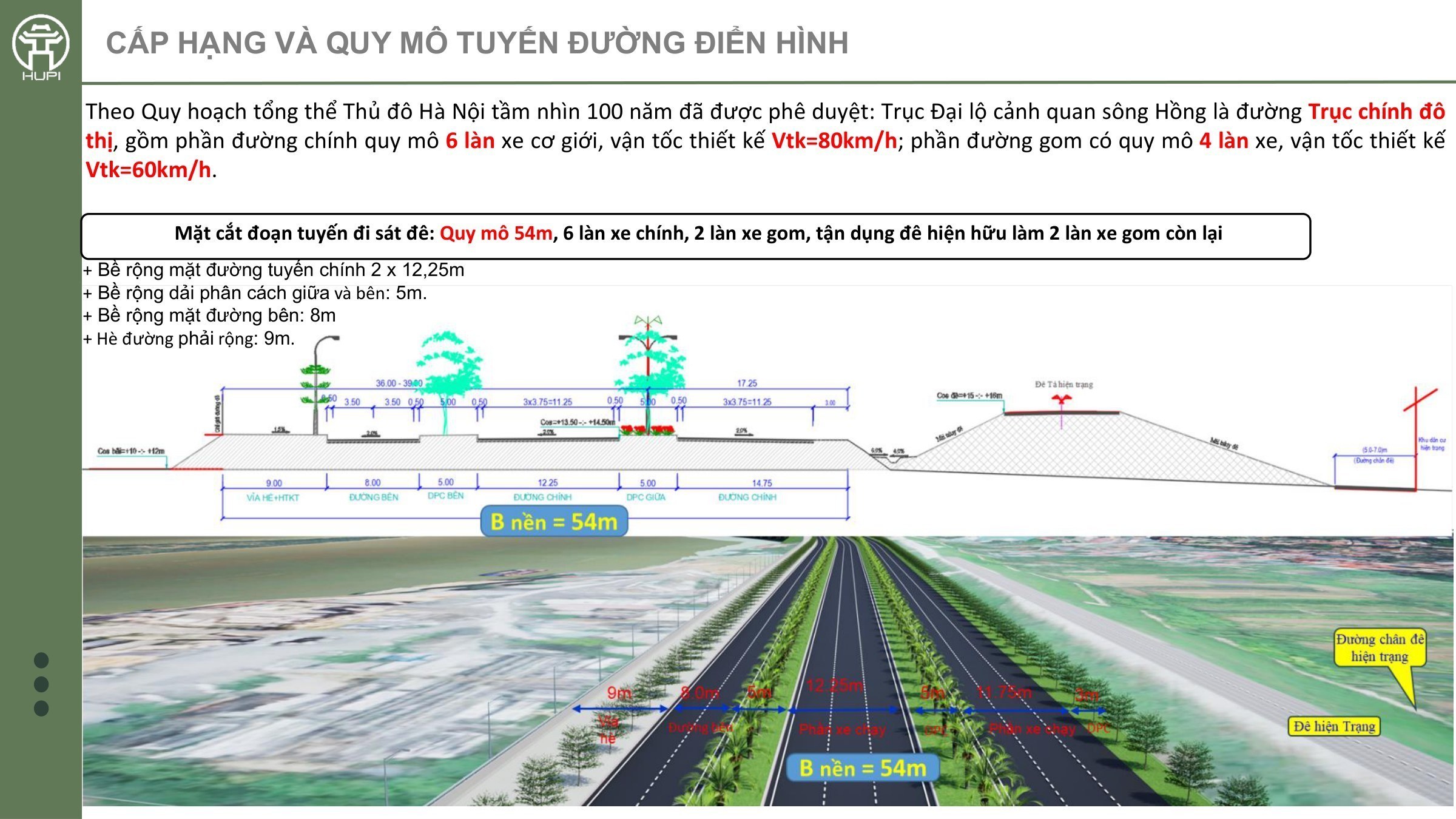 Mặt cắt ngang điển hình đoạn tuyến đi sát đê, bề rộng nền đường 54 m