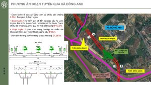 Phương án đoạn tuyến trục đại lộ cảnh quan sông Hồng qua xã Đông Anh với mặt cắt và bản đồ hướng tuyến