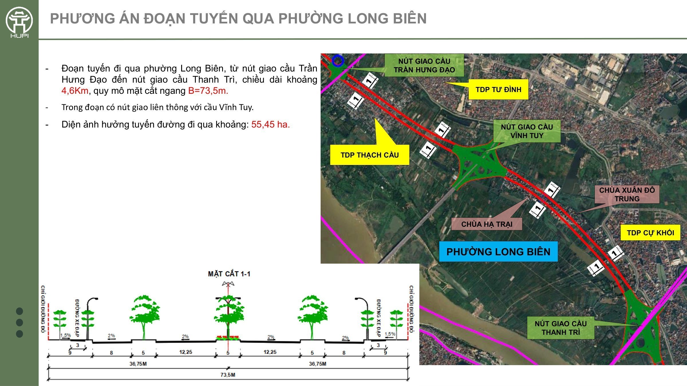 Phương án đoạn tuyến trục đại lộ cảnh quan sông Hồng qua phường Long Biên với mặt cắt và bản đồ hướng tuyến