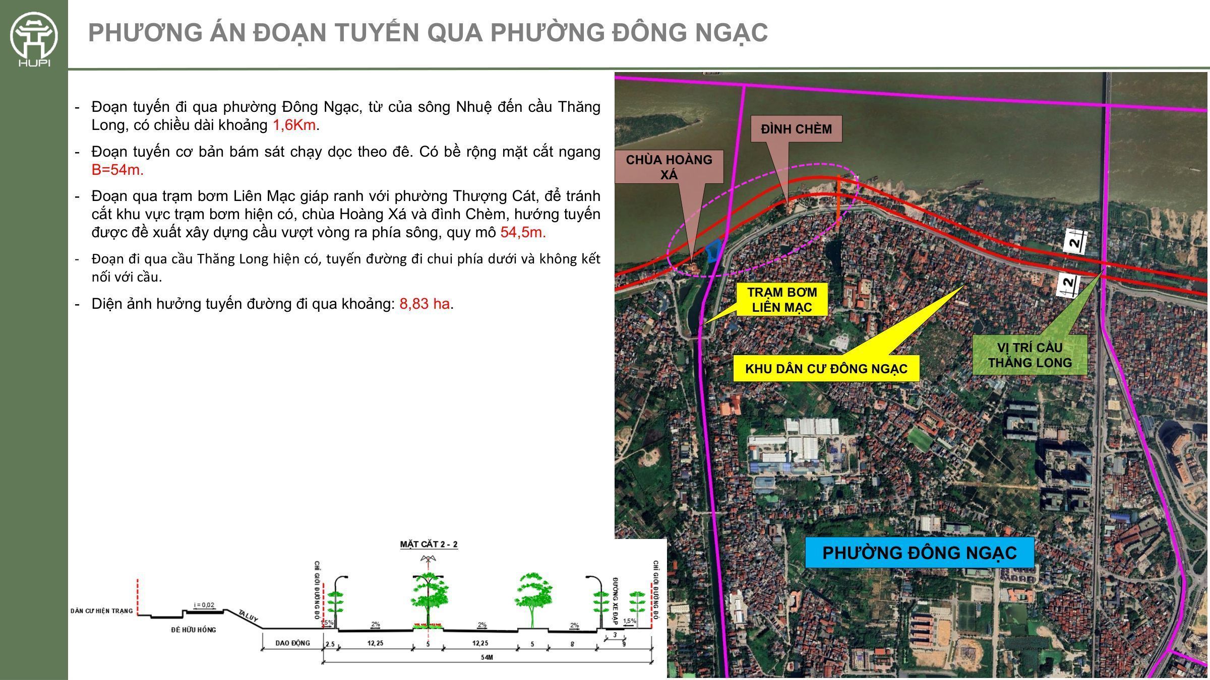 Phương án đoạn tuyến trục đại lộ cảnh quan sông Hồng qua phường Đông Ngạc với mặt cắt và bản đồ hướng tuyến