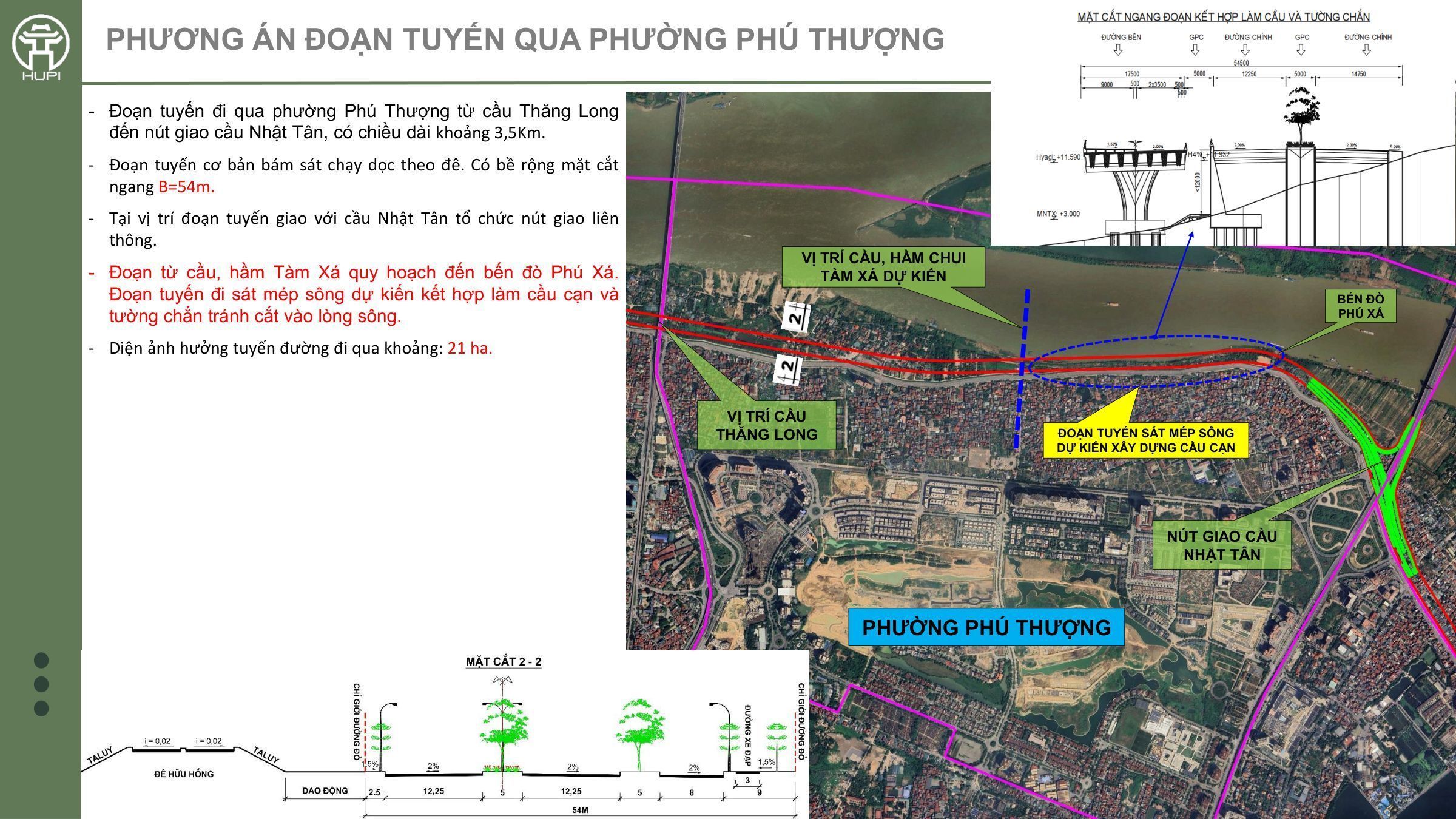 Phương án đoạn tuyến trục đại lộ cảnh quan sông Hồng qua phường Phú Thượng với mặt cắt và bản đồ hướng tuyến