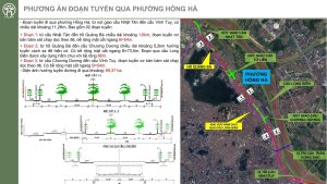 Phương án đoạn tuyến trục đại lộ cảnh quan sông Hồng qua phường Hồng Hà với ba đoạn tuyến và bản đồ hướng tuyến