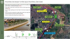 Phương án đoạn tuyến trục đại lộ cảnh quan sông Hồng qua phường Lĩnh Nam với mặt cắt và bản đồ hướng tuyến