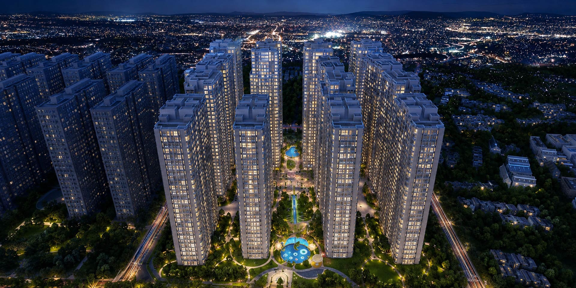 Phối cảnh tổng thể dự án Vinhomes Kỳ Hòa với các tòa tháp căn hộ hiện đại về đêm